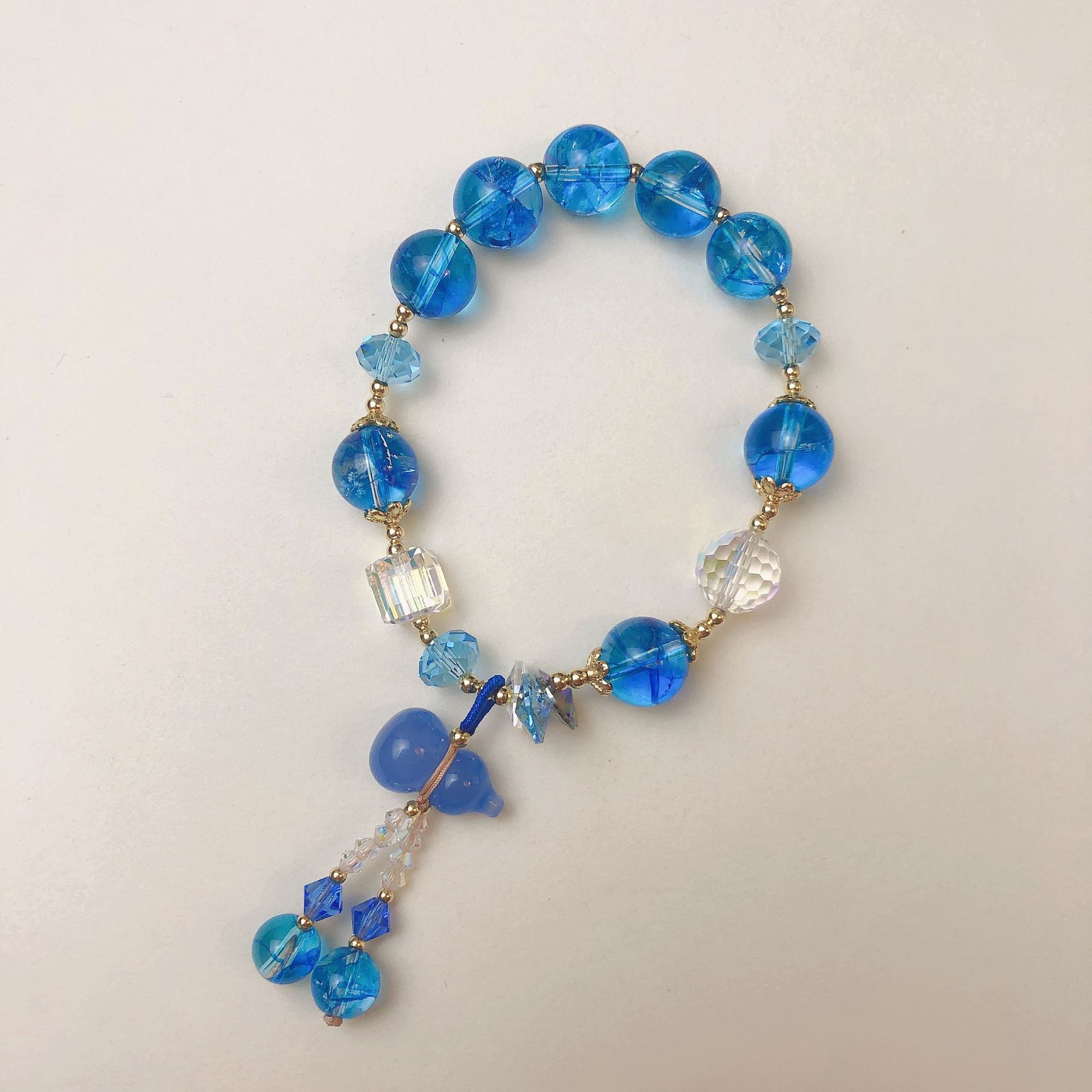 蓝色显白凤羽幽灵手链女单圈玉髓葫芦奥地利水晶手串手工饰品串珠