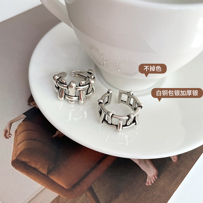 Zhiyun 925 Silver Ring Women's Fence Personalized Hip Hop Indifference Trend Sterling Silver Hand Jewelry Open Ring Does Not Fade