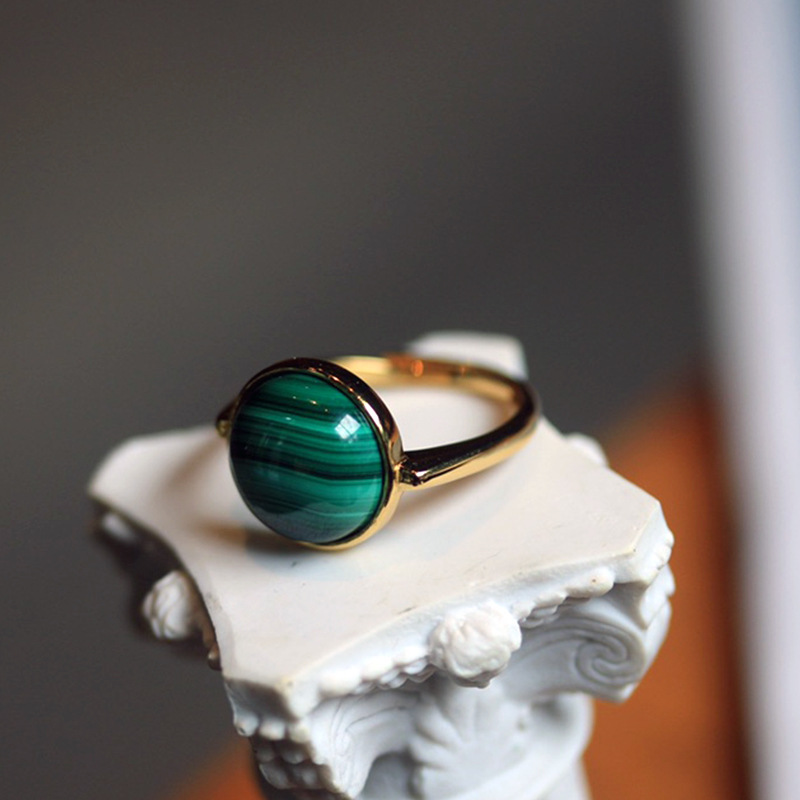 s925银镀金镶嵌不掉色天然孔雀石戒指时尚简约圆形活口可调指环女