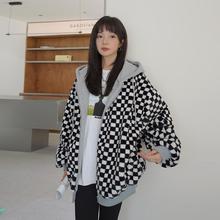 棋盘格假两件拼接羊羔毛连帽棉服外套女冬2023新款小个子加厚棉衣