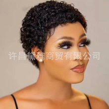 全机制真人发短款头套Short Afro Curly Glueles Human Hair Wigs