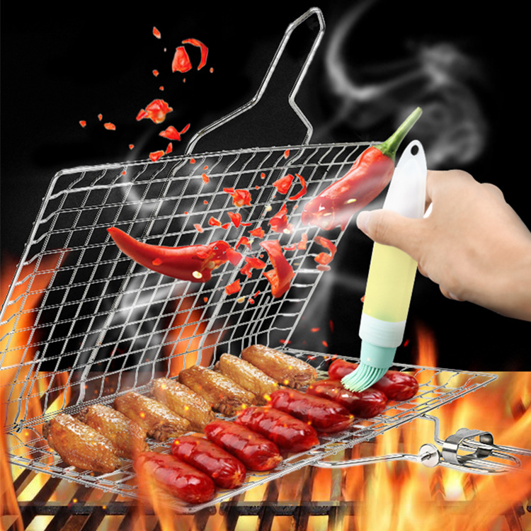 烧烤网不锈钢304烤鱼架bbq烤肉方形折叠网夹烤鱼夹烤网烧烤工具