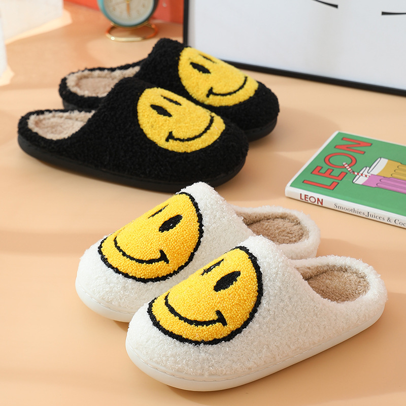 Smiley Face Korean Style Autumn and Winter Furry Couple Cotton Slippers Female Men's Household Cute Thick Bottom Cartoon Non-Slip Indoor