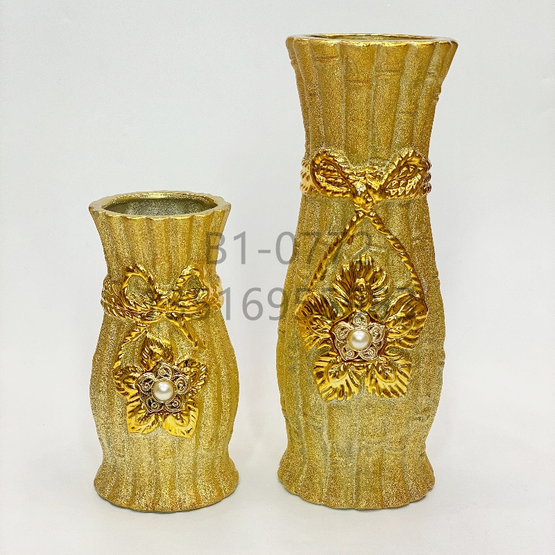 Sandy Gold Inlaid Beads Ceramic Vase 8-Inch 20cm High-End Modern Living Room Home Ornaments Flower Pot Crafts