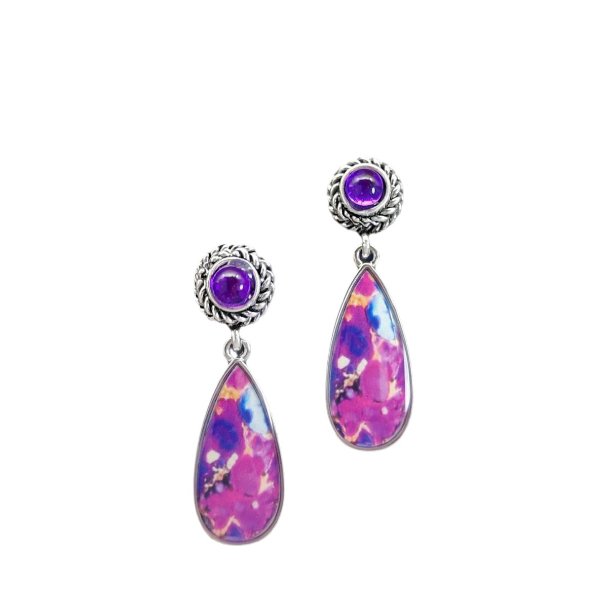 Cross-Border Hot Sale Artistic Retro Style Natural Drop-Shaped Purple Opalescence Inlaid Gemstone Women's Light Luxury Earrings