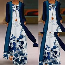 夏2021女套装 欧美数码印花背心长裙蓝色雪纺透视长袖外套两件套