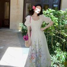 女夏季甜美度假风泡泡袖连衣裙长裙显瘦高端气质法式花边 M5038