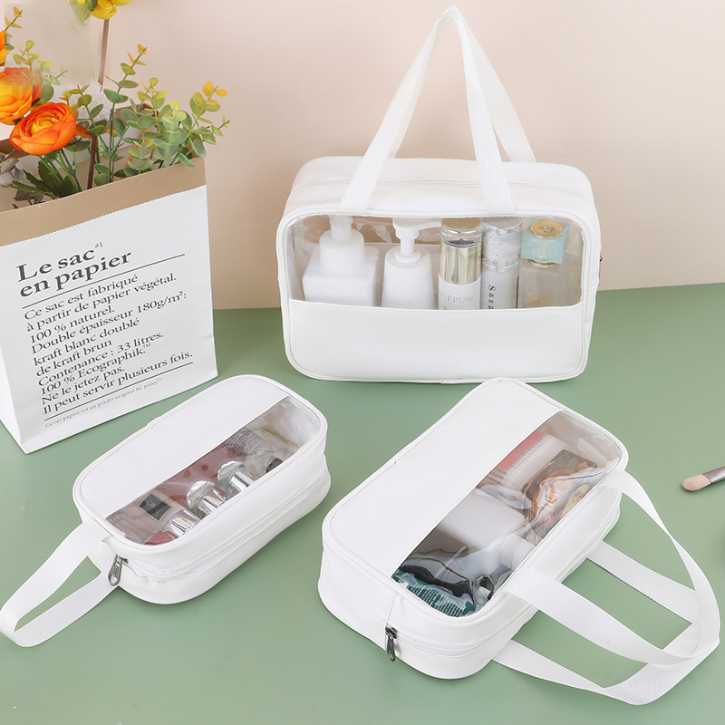 New Pu Transparent Waterproof Wash Bag Large Capacity Convenient Handbag Bath Buggy Bag PVC Stitching Cosmetic Bag