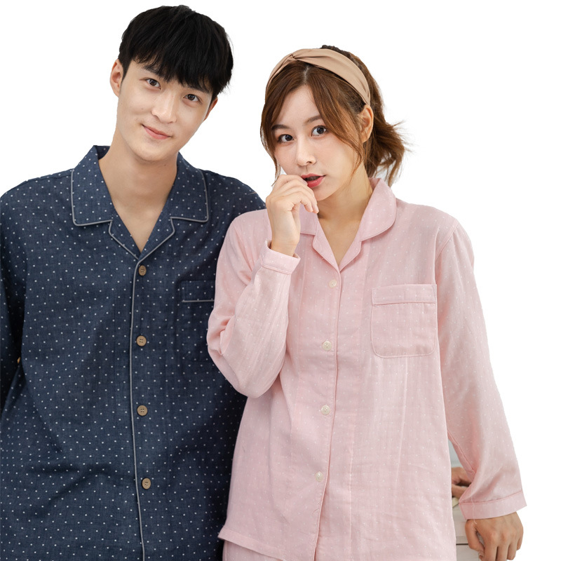 Pure Cotton Couple Pajamas Double-Layer Gauze Spring and Autumn Non-Printed Thin Good Men's and Women's Home Wear Suit Japanese Woven