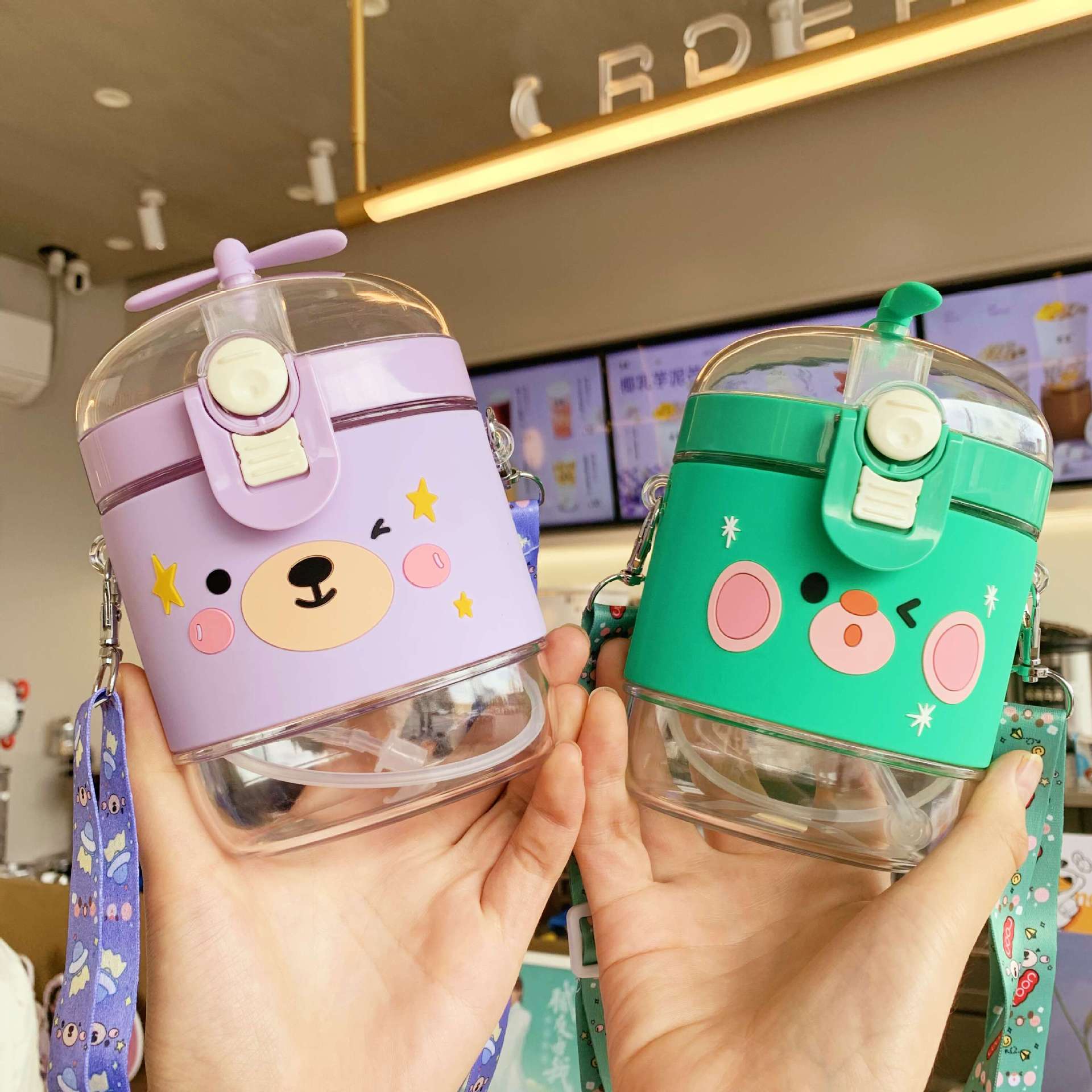 cute cartoon snap plastic cup student straw ins net red cup creative children strap straw water cup wholesale