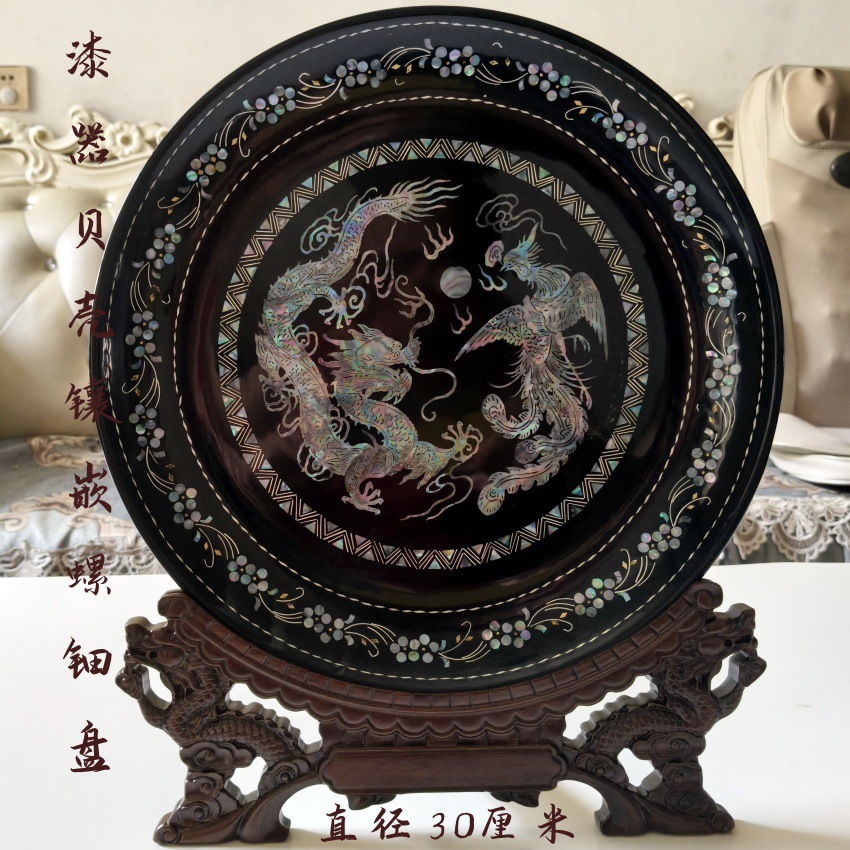 漆器贝壳镶嵌螺钿餐盘脱胎漆艺大碟漆盘手工制家居装饰品圆盘摆件
