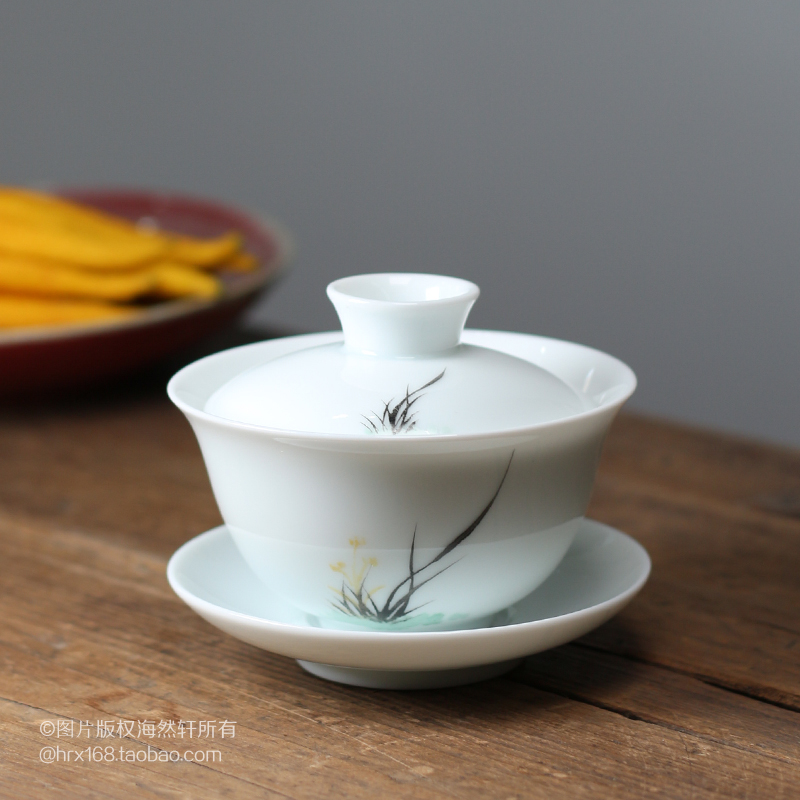25n釉上彩手绘兰花盖碗 三才碗杯 陶瓷茶碗 潮州功夫茶具三杯盖