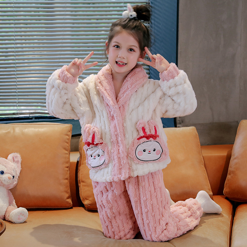 女童睡衣冬季珊瑚绒中大童儿童女孩秋冬款加厚款法兰绒家居服套装