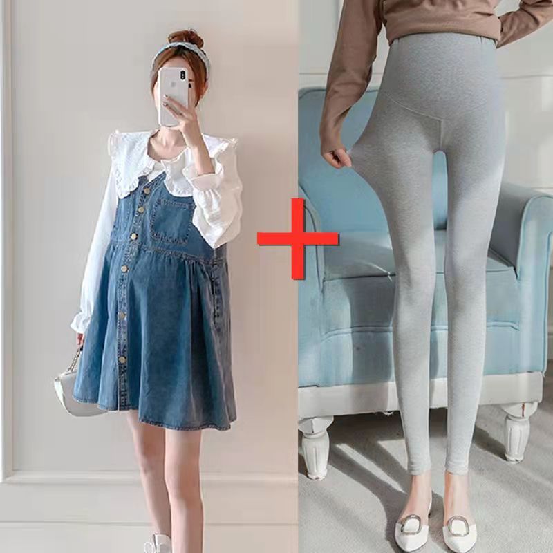 Pregnant Women's Denim Skirt Suit Spring and Autumn New Dress Plump Girls Suspender Skirt Slimming Doll Collar Shirt Fashionable Mom