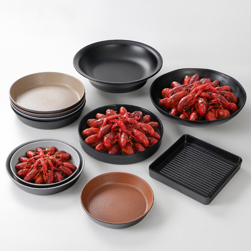 创意密胺麻辣小龙虾盘子黑色仿瓷塑料商用饭店餐具酸菜鱼盆烧烤盘