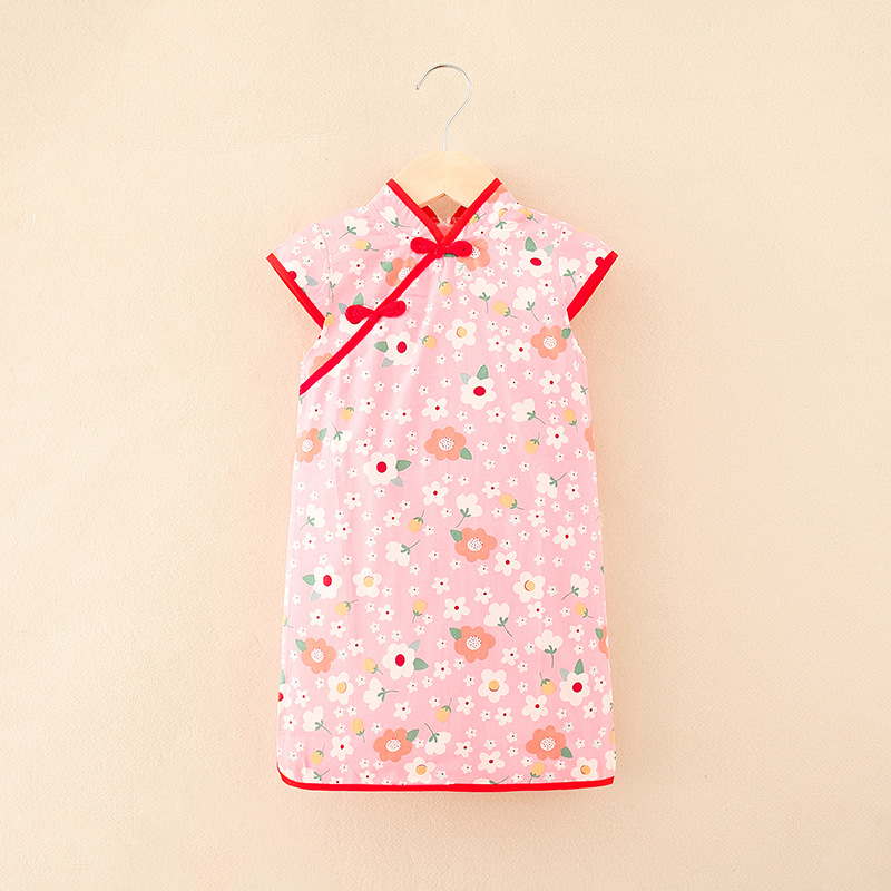 chinese style girls cheongsam summer new improved children‘s clothing 2024 retro children‘s dress printed baby dress