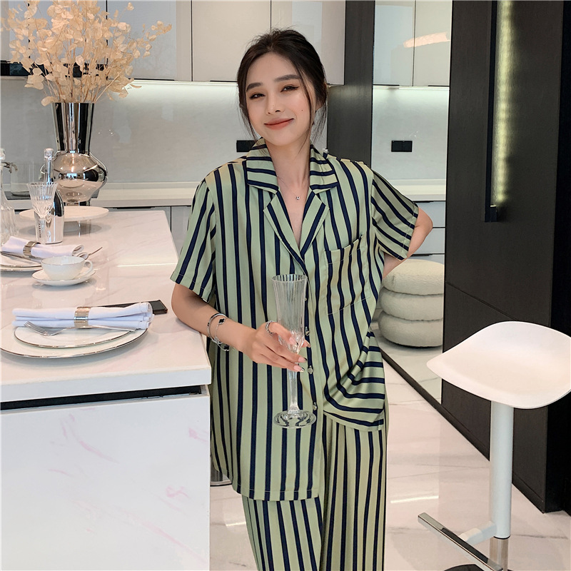 Summer Romantic Moonlight Satin Homewear Caca New Ice Silk Pajamas Women's Short-Sleeved Trousers Cardigan Homewear Outer Wear