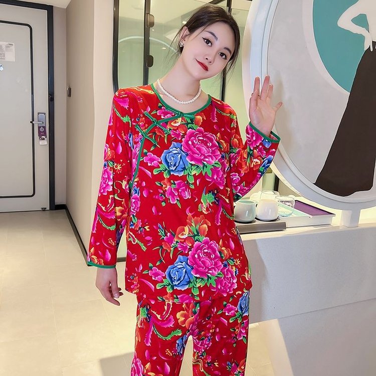 东北大花棉绸睡衣女春秋季长袖套装民族风人造棉薄绒家居服可外穿