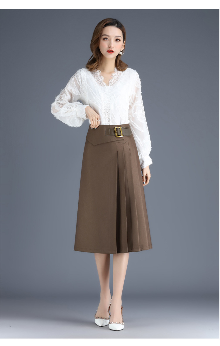 春秋新款短裙时尚半身裙高腰显瘦中长款褶皱a字裙腰带针织包臀裙