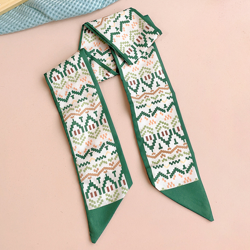 Green Scarf Hair Band for Women Spring and Summer Thin Hair Tie Bow Headdress Small Silk Ribbon Ribbon Daily Outer Headscarf