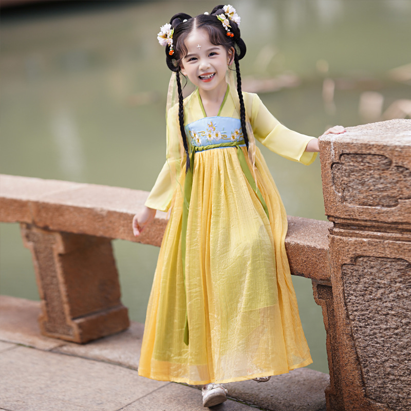 六一节目服装胭脂妆儿童舞蹈服古风连衣裙女童汉服裙夏幼儿园女宝