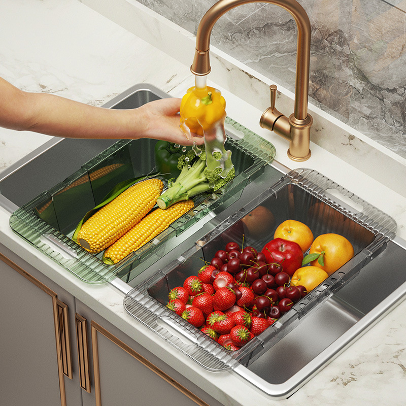 厨房水槽沥水架洗碗池可折叠沥水蓝PET伸缩水果洗菜盆沥水篮家用