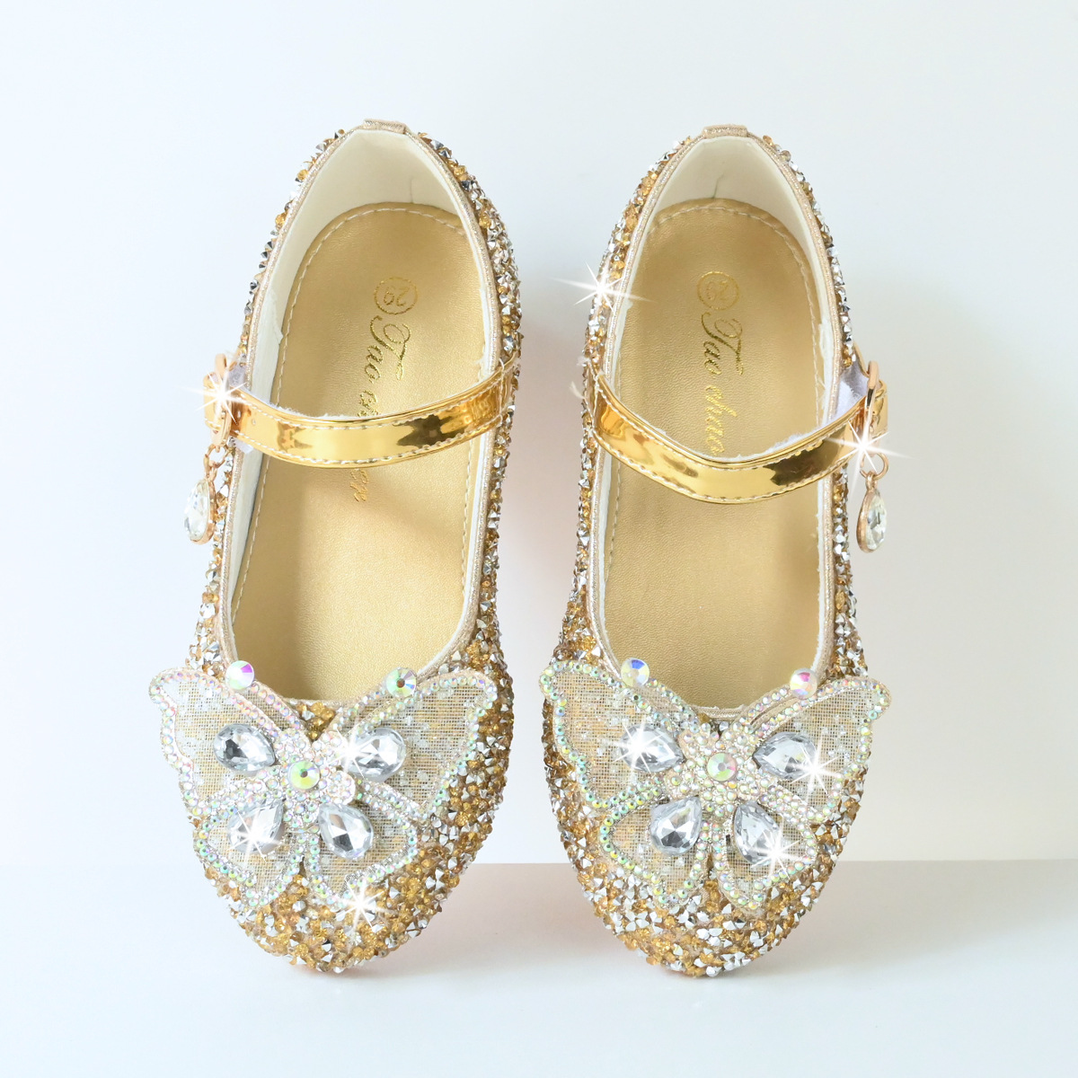 女童公主鞋钻石高跟单鞋小女孩表演迪士尼爱莎公主金黄色儿童皮鞋