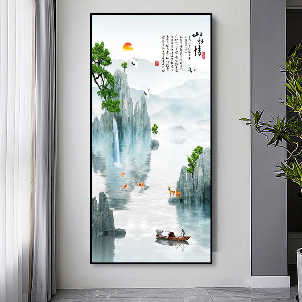 玄关装饰画入户走廊过道墙壁画竖版中国风复古客厅晶瓷浮雕挂画