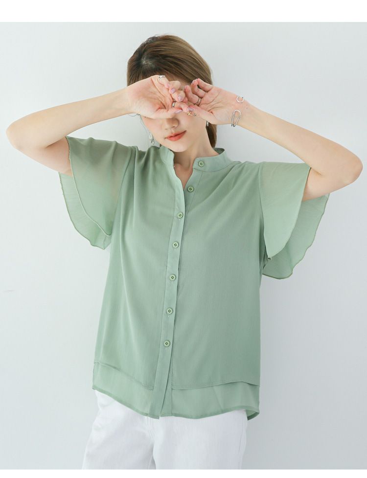 2021夏季新款 宽松百搭立领纯色荷叶边短袖衬衫女士雪纺上衣