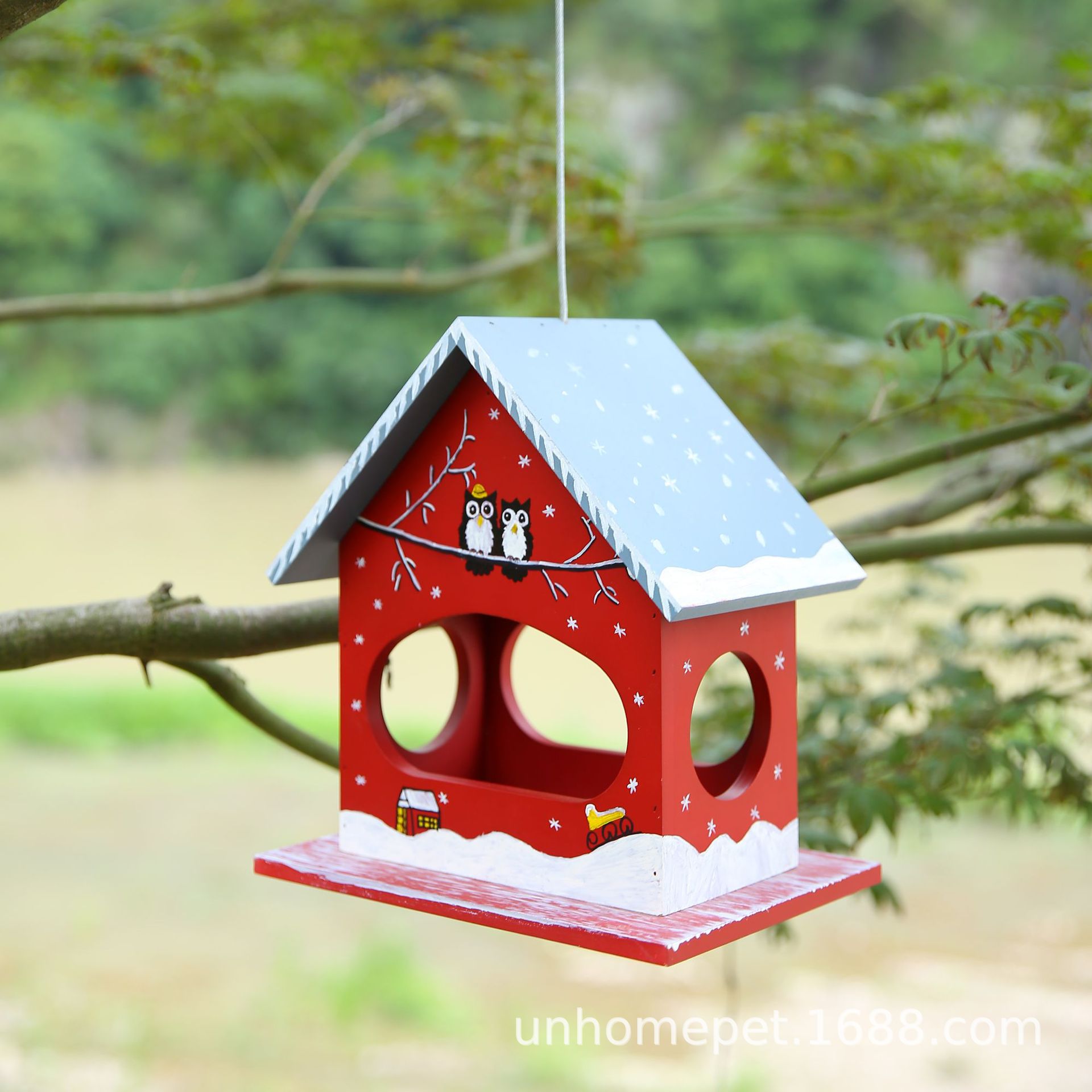 创意悬挂宠物小鸟喂食器木制鸟房子易清洗鸟屋可爱猫头鹰彩绘