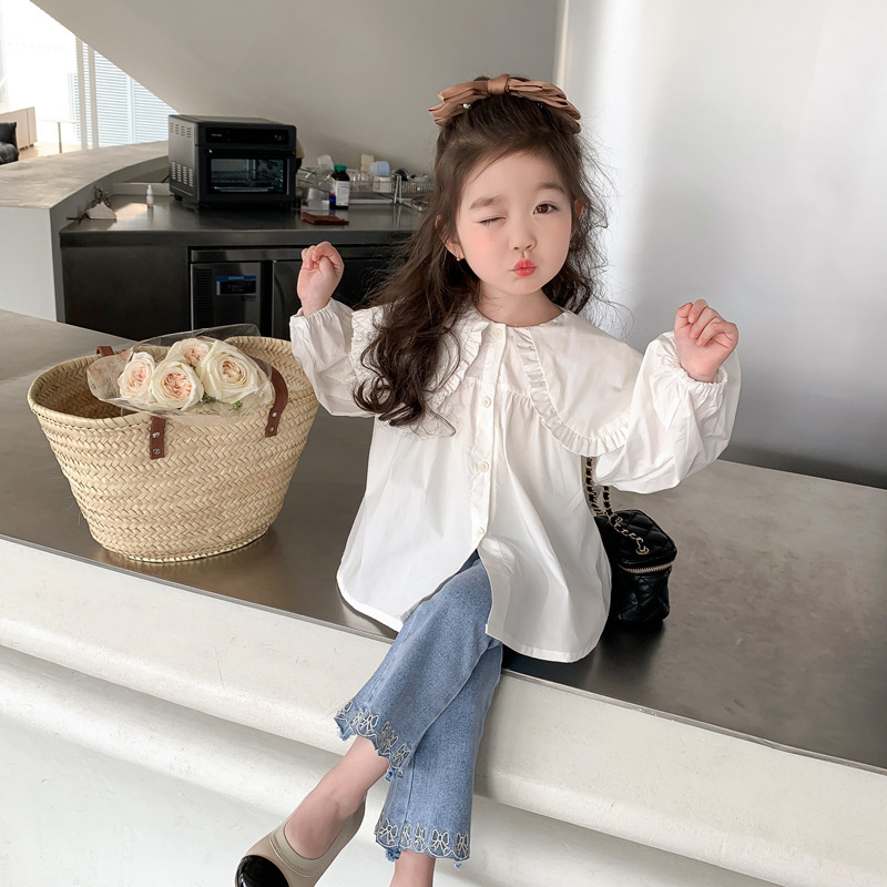 Girls' Suit 2023 Spring and Autumn New Internet Hot Korean Style Western Style Girls' Shirt Jeans Two-Piece Suit Children Fashion