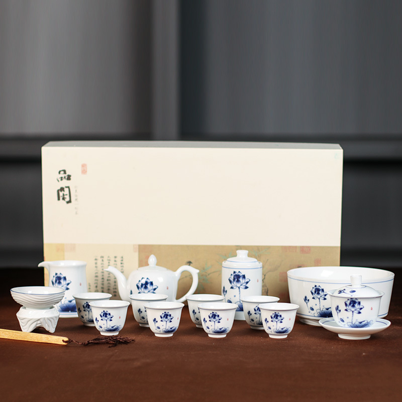 Jingdezhen Pure Hand Drawing Lotus Shadow Blue Procelain Tea Set Suit Teapot Cover Teacup Kung Fu Tea Set High-End Gift Box