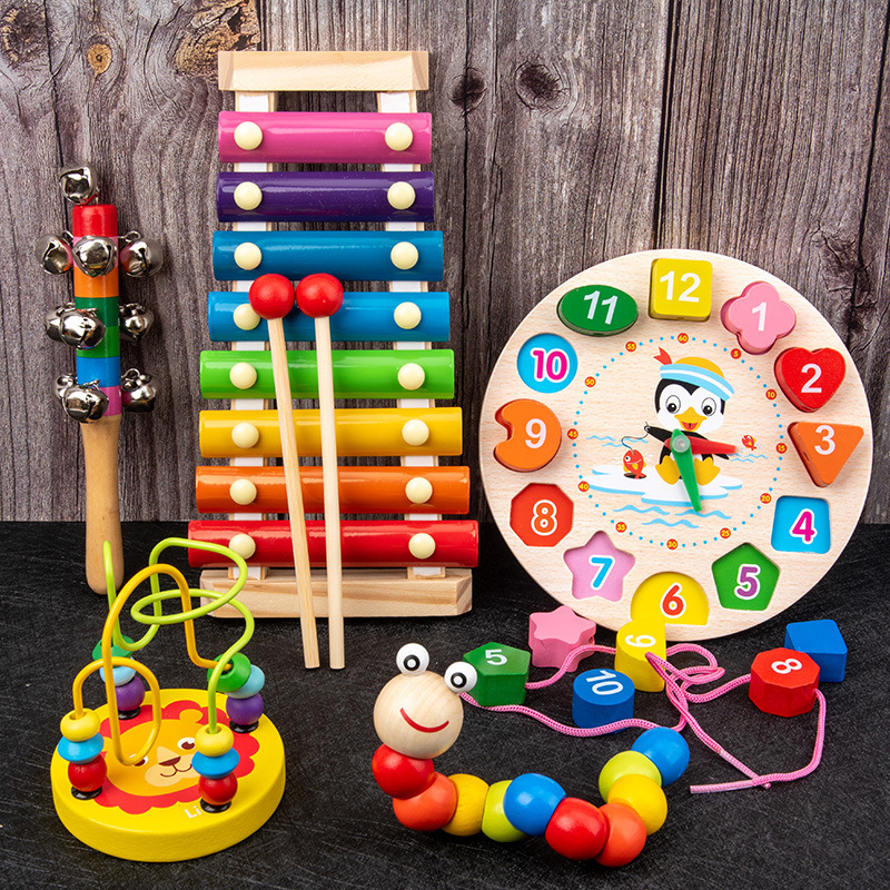 Early Education Intellectual Building Blocks Infant Children's Wooden Toy Bead-Stringing Toy Xylophone Preschool Musical Instrument Children's Gift