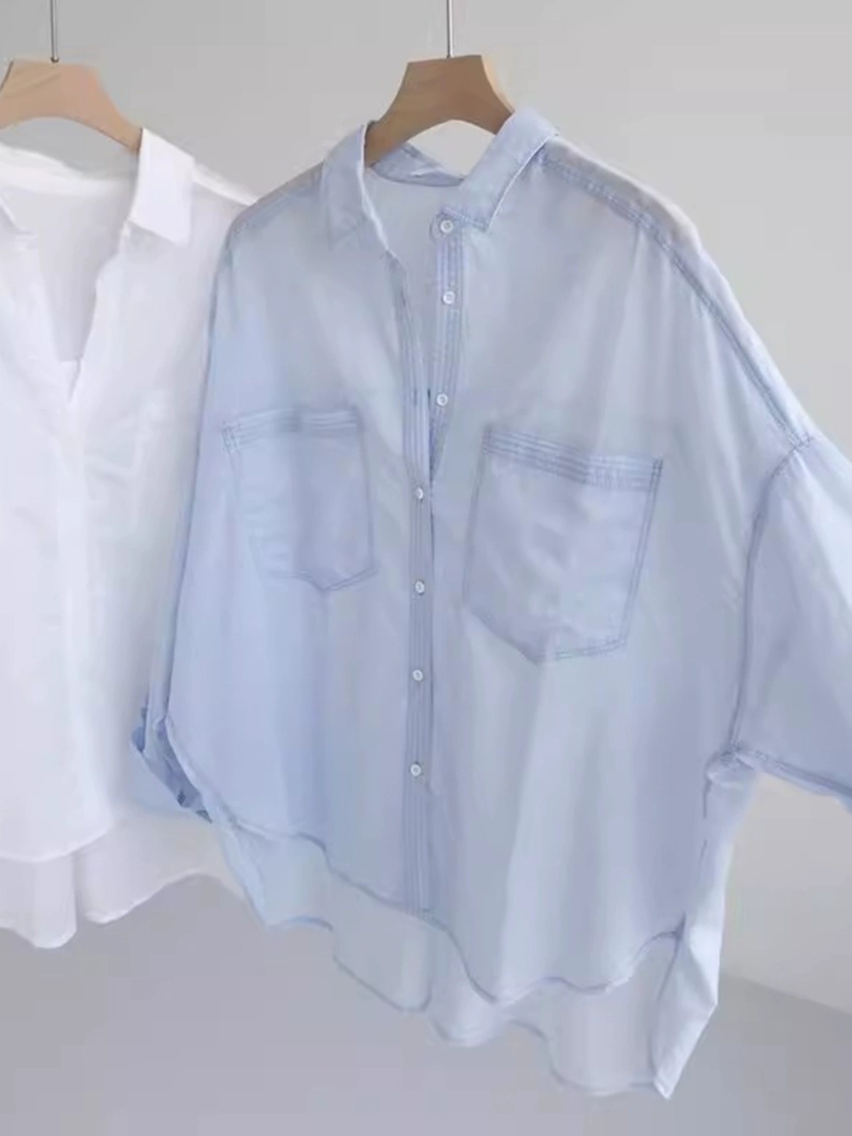 蓝色棉麻落肩衬衫女夏韩版宽松休闲轻薄微透通勤防晒衬衣23979