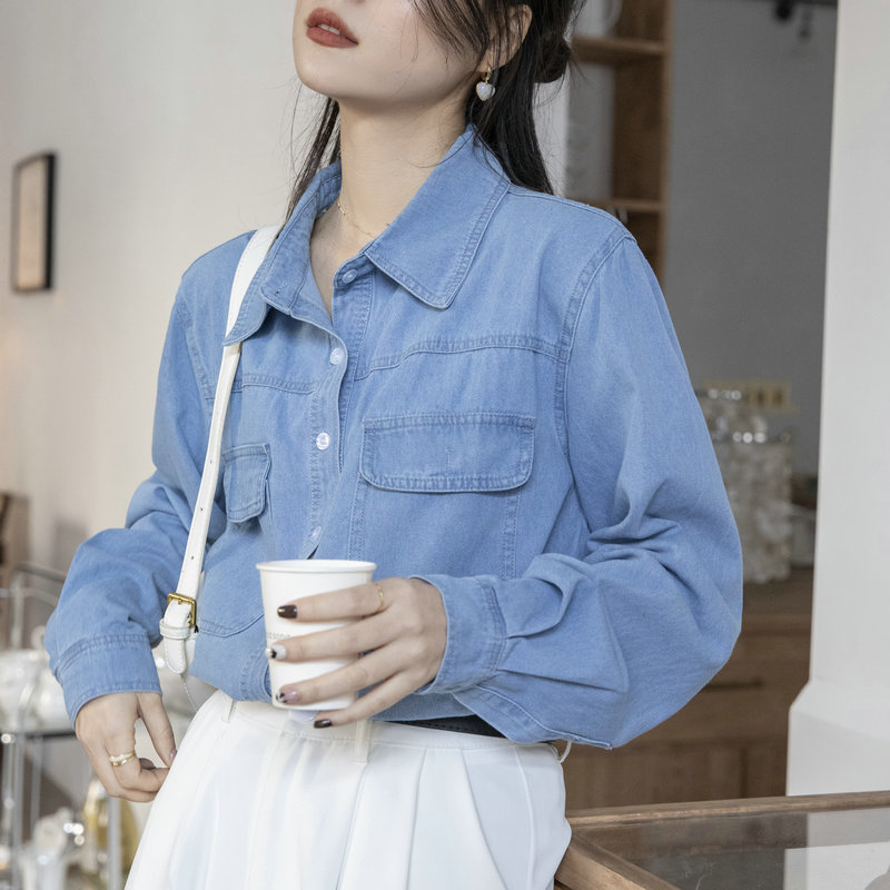 牛仔衬衫女早春年新款港风复古小众上衣蓝色内搭叠穿衬衣外套