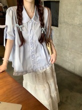 蓝色显白娃娃领短袖衬衫女夏季2024新款韩系甜美减龄宽松百搭上衣
