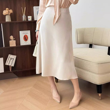 鎏光漫步 优雅重磅22姆米真丝素绸缎半身裙 a字高腰显瘦中长裙
