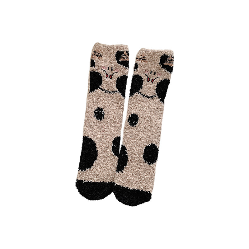 Socks Female Embroidery Small Animal Cute Coral Fleece Tube Socks Autumn and Winter Thickening Warm Floor Socks Home Sleeping Socks