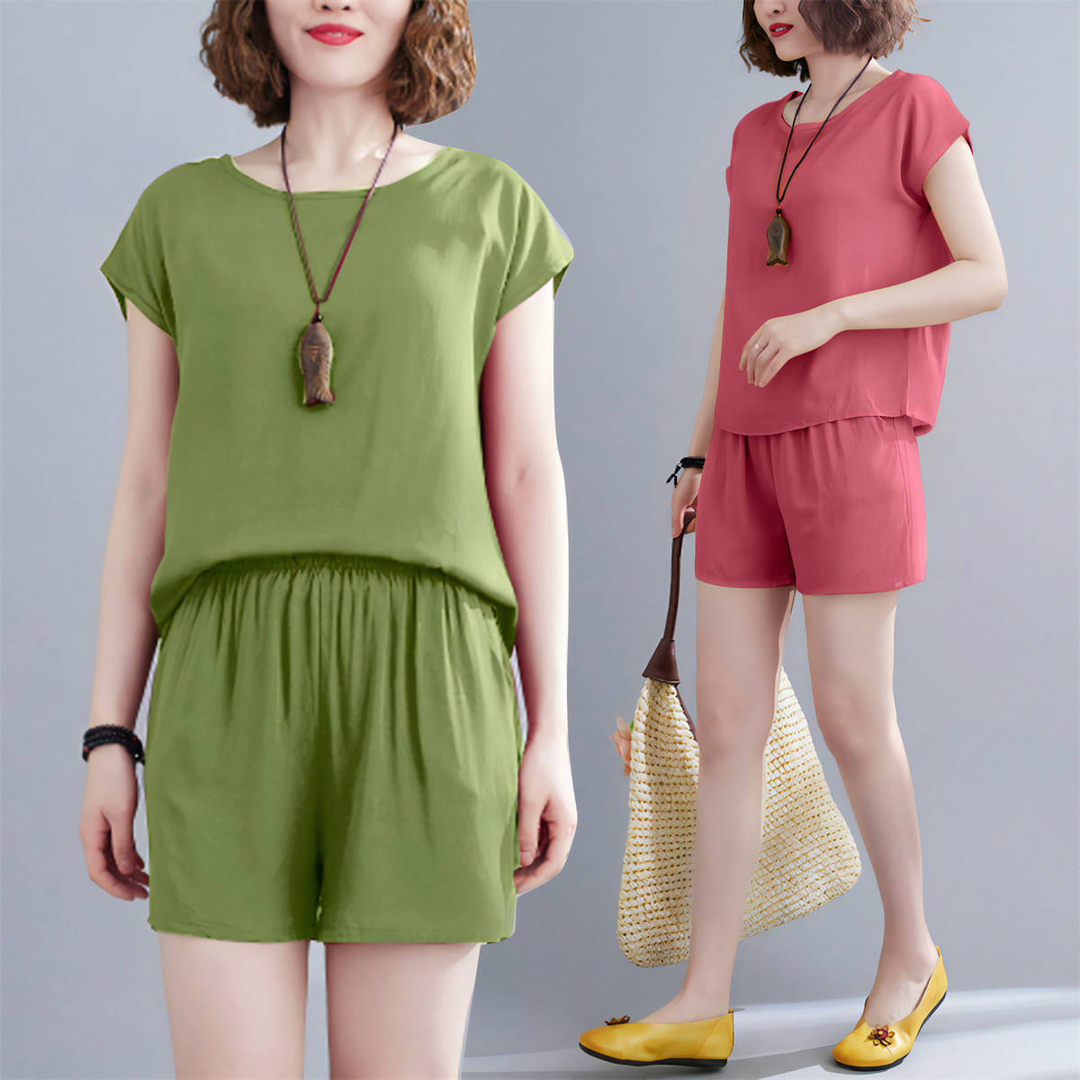 棉绸套装女妈妈夏装时尚外穿小个子显高休闲短袖短裤运动两件套