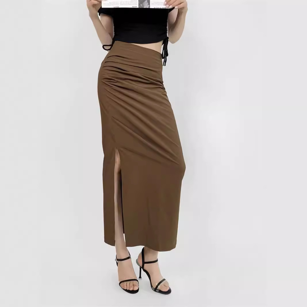 纯欲性感辣妹侧边抽褶速干半身裙夏季新款设计感开叉包臀中长裙女