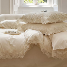 高颜值棉支长绒棉四件套棉法式蕾丝边被套公主风床上用品跨境专供
