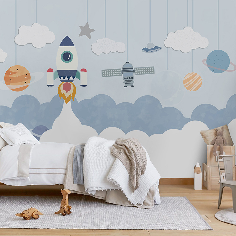 卡通儿童房墙布幼儿园背景墙壁画太空火箭星球墙纸男孩卧室壁布3d