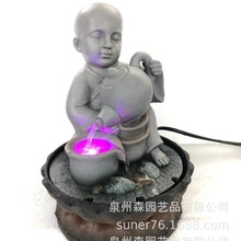 树脂工艺品禅意小和尚流水佛像喷泉发光流水室内寺庙摆件产地货源