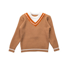 韩版假两件针织毛衣英文字母纯色男童针织衫加厚加绒宝宝套头毛衣