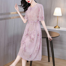 高端精致茶歇法式超好看显瘦收腰清冷感新中式紫色印花连衣裙女夏
