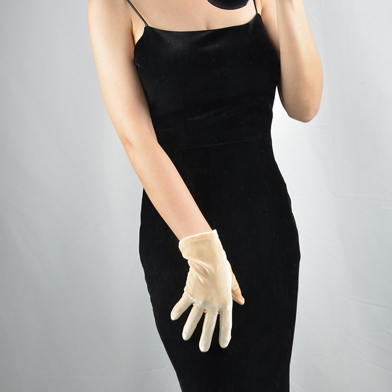 批发丝绒长手套22cm长款金色裸色女款高弹力天鹅绒金丝绒触屏手机