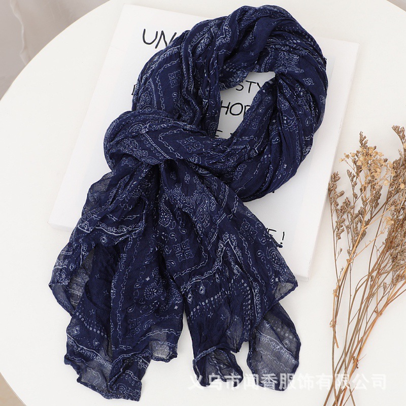 Ethnic Style Cashew Printed Pleated Cotton and Linen Scarf Scarf Women's All-Match Cold Protection in Autumn and Winter Warm Scarf Outer Shawl