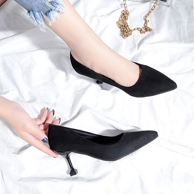 性感猫跟细高跟鞋尖头单鞋女2023春季新款黑色绒面浅口舒适上班鞋