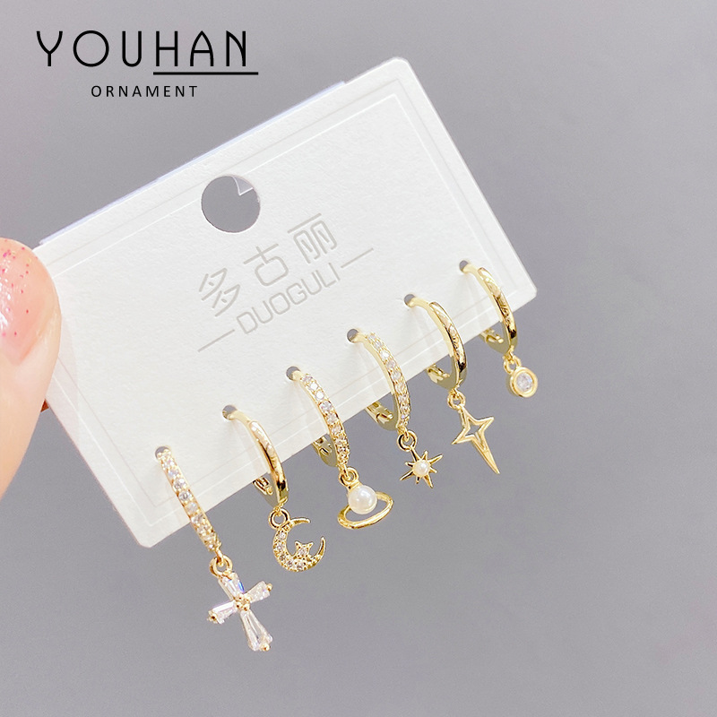 Korean Style Fashion Micro Inlaid Zircon Ear Clip Three-Piece Earrings Small Personality One Card Three Pairs Combination Earrings Earrings for Women