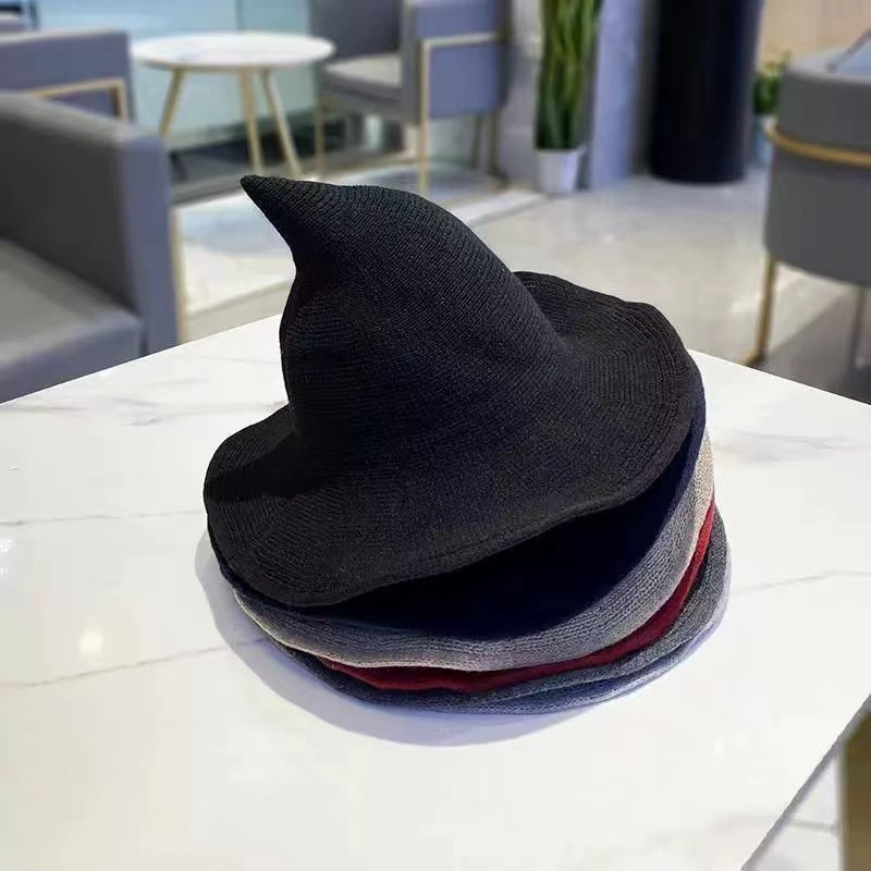 跨境专供棉纱巫师亚马逊爆款针织万圣节女巫帽尖顶可折叠魔法帽子